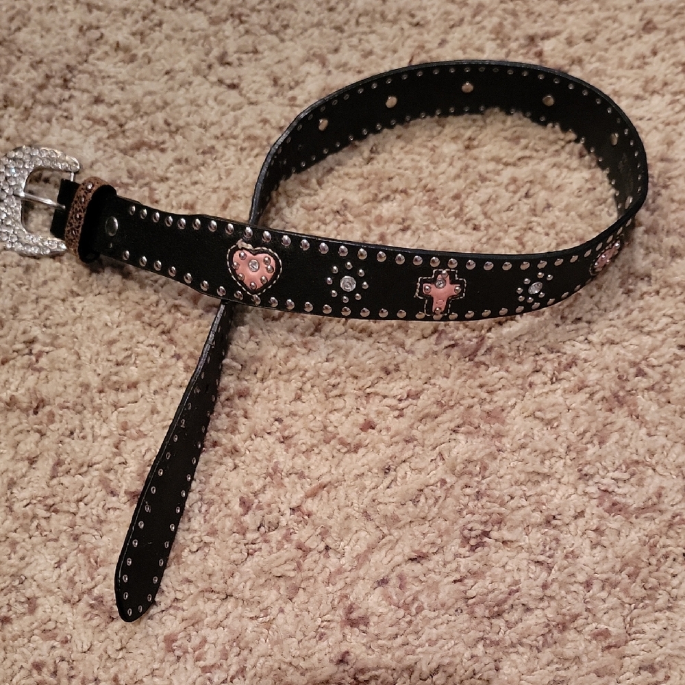 Black Studded Belt with Heart and Cross Accents
